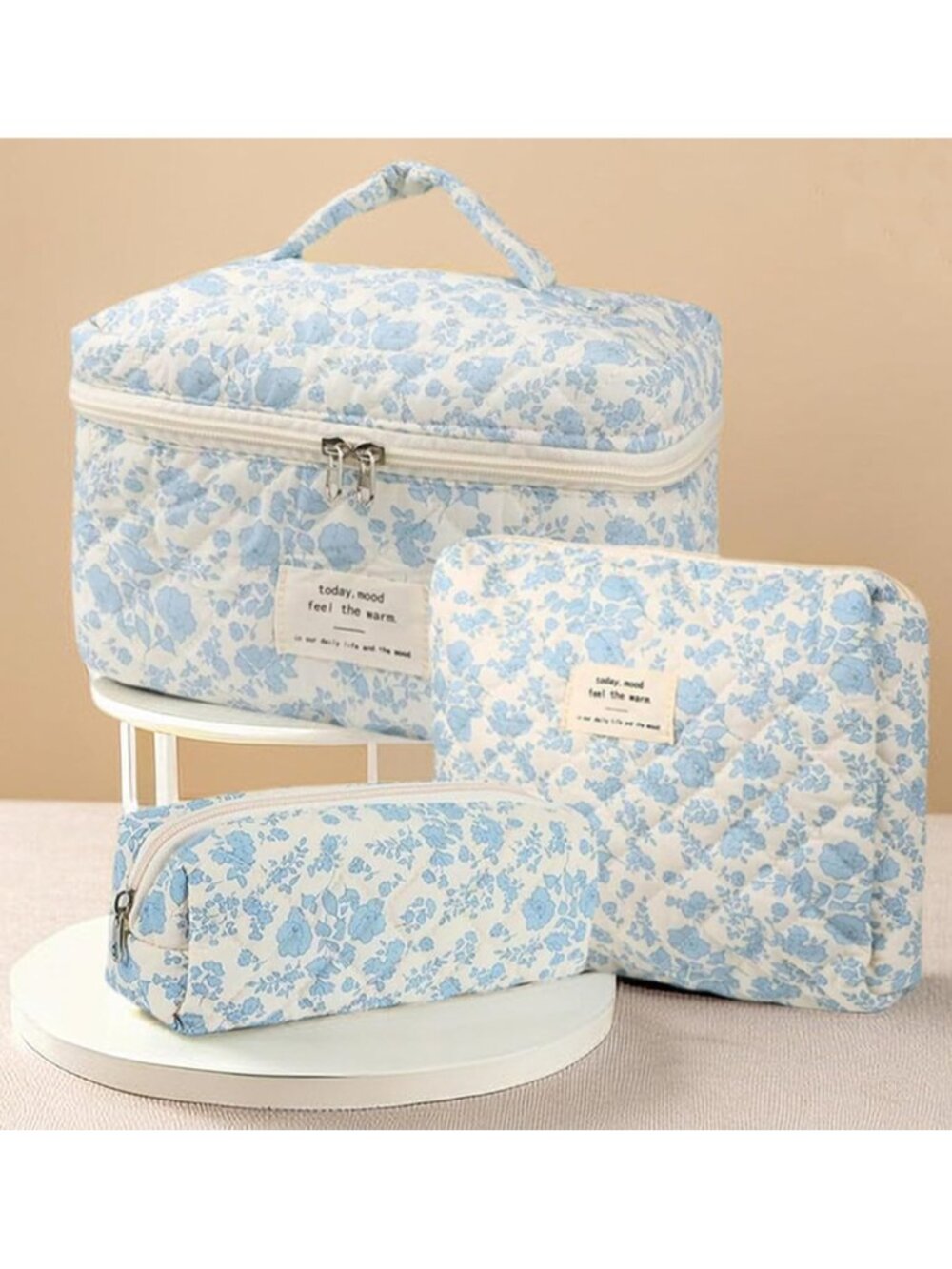 New 3 Pack Floral Quilted Cosmetic Makeup Bag Set - Travel Organizer for Women